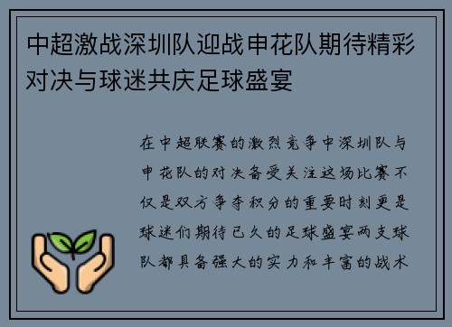 中超激战深圳队迎战申花队期待精彩对决与球迷共庆足球盛宴