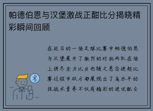 帕德伯恩与汉堡激战正酣比分揭晓精彩瞬间回顾